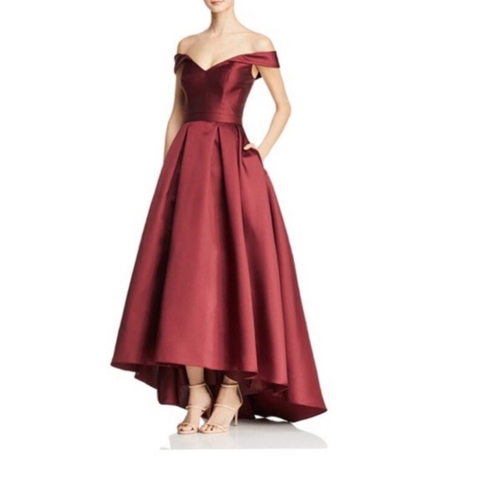 NWT XSCAPE MAROON OFF THE SHOULDER GOWN DRESS WITH POCKETS